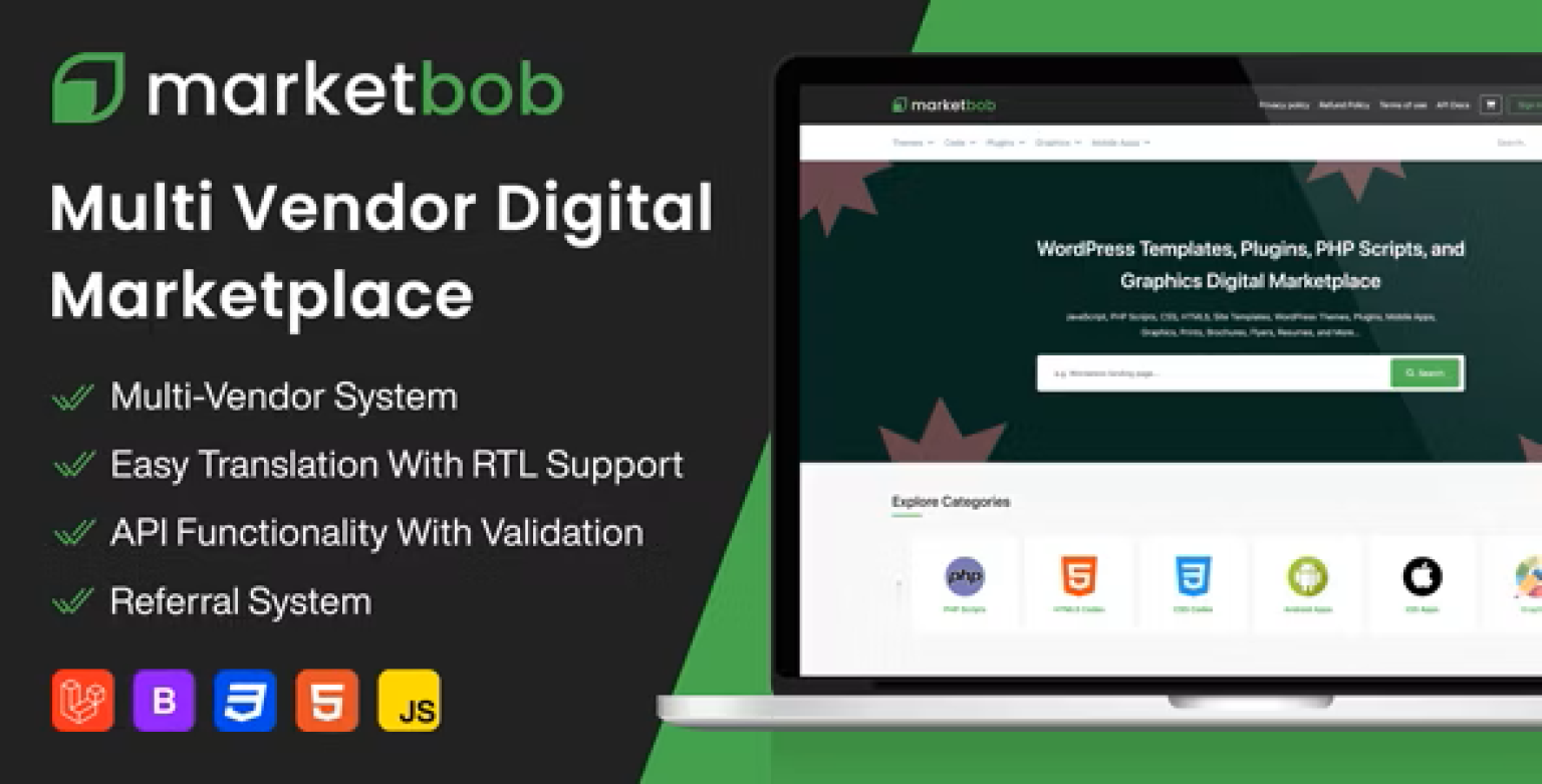 Marketbob – Multi-Vendor Digital Marketplace Codecanyon Clone website