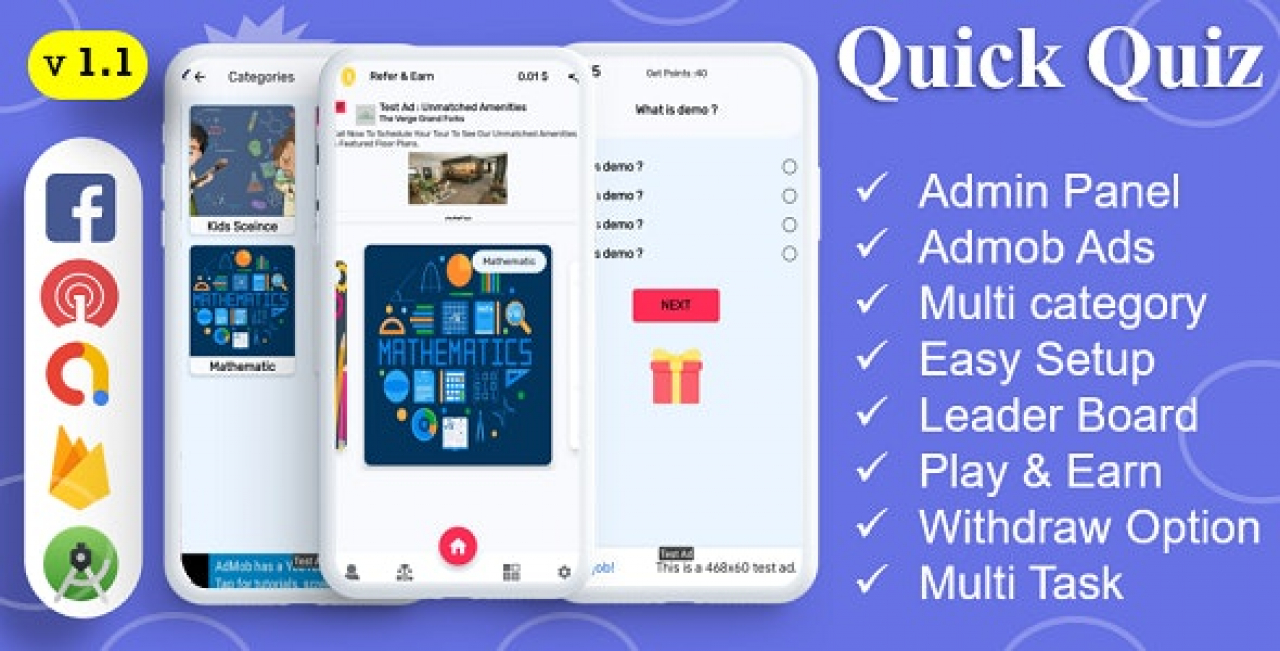 Quick Quiz App | Quiz App | Multi Category | Amob Ads | Facebook Ads | Admin Panel